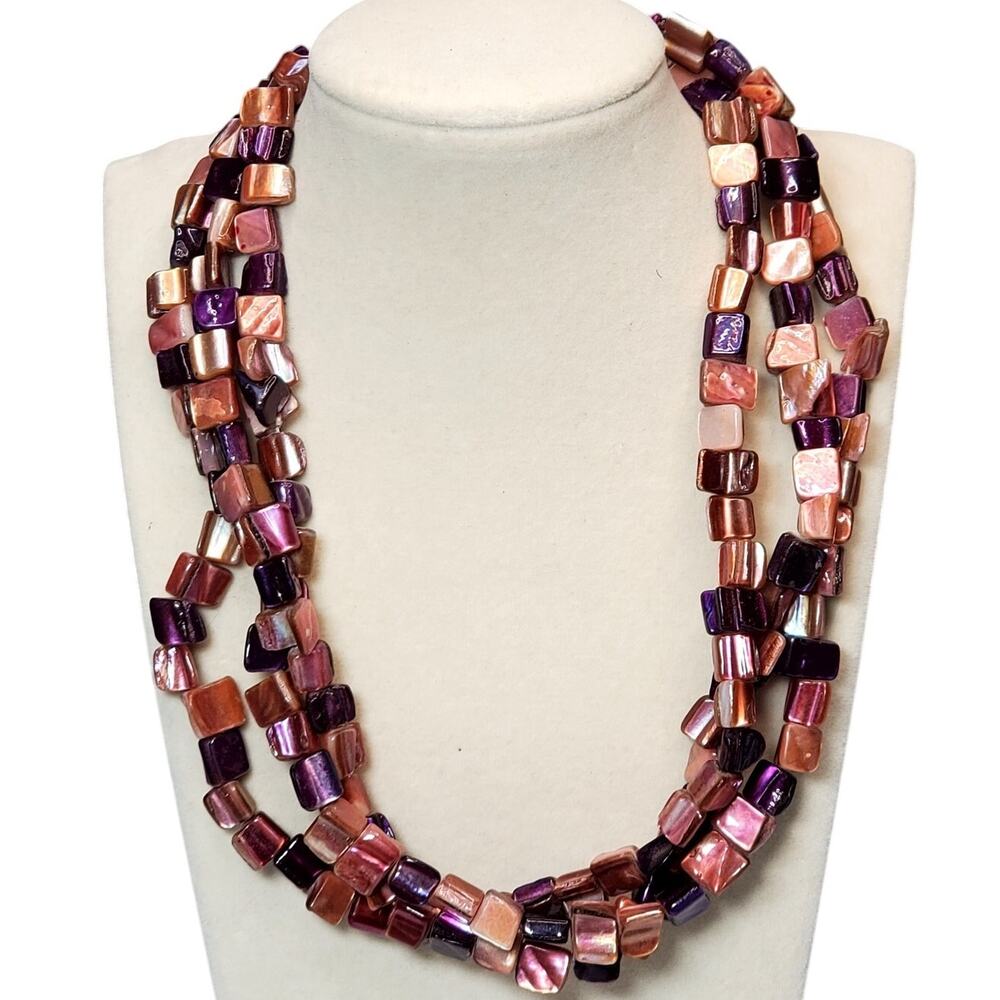 Triple Strand Purple Beaded Necklace 14" Unsigned Lobster Closure